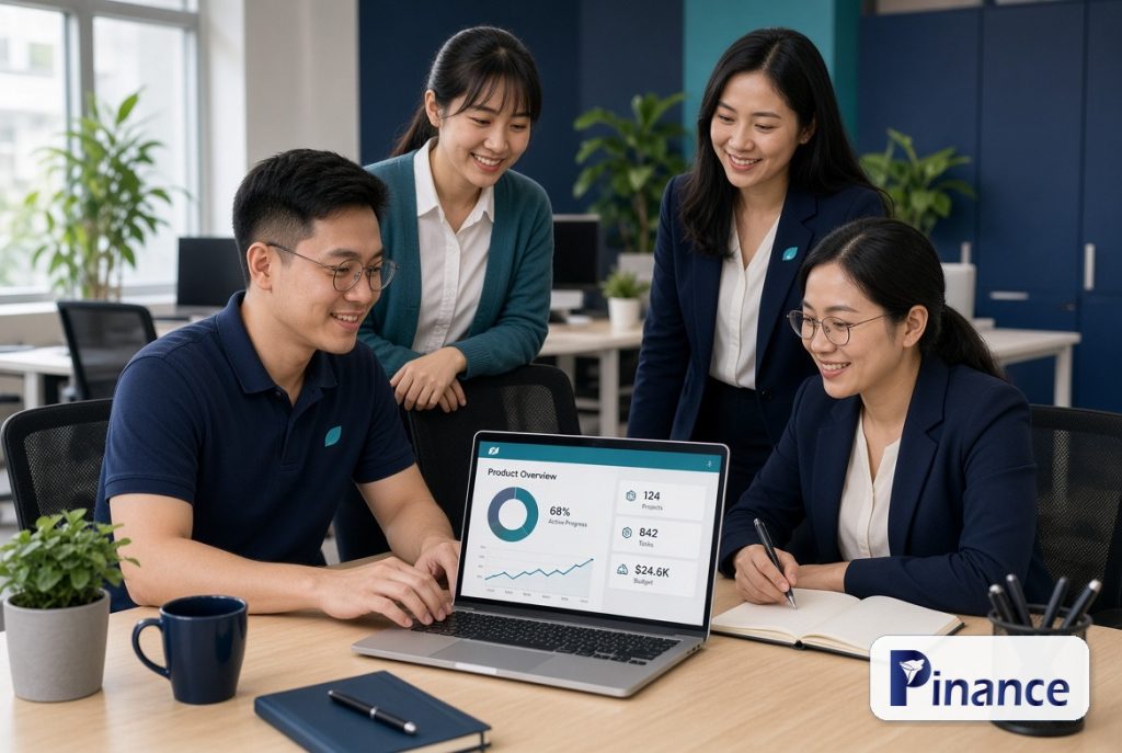 Hưng Pin giải thích giới hạn báo cáo thu chi trên laptop, logo Pinance official