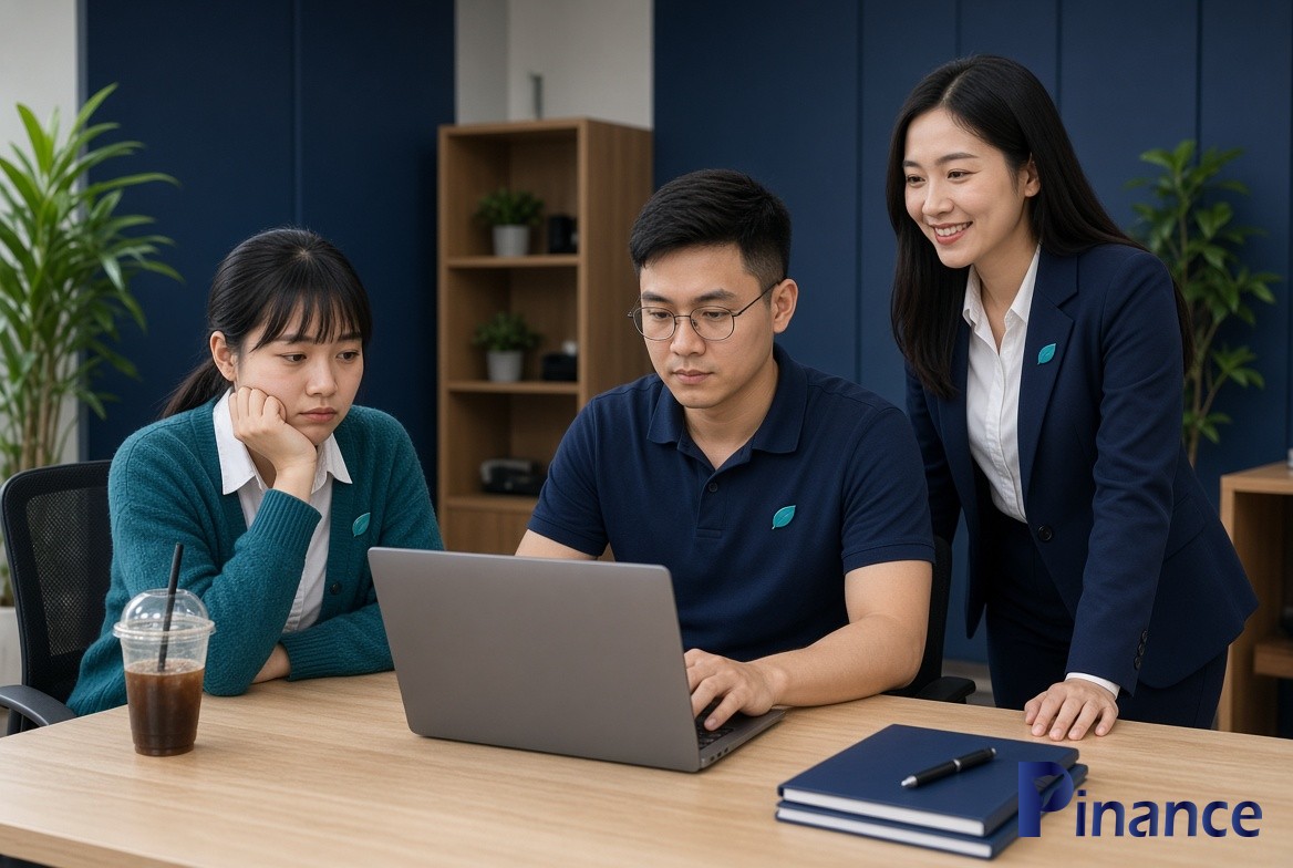 Anh Kế chán, Hưng Pin tập trung, Thanh PVS vui — tách cắt chi và tạm ngừng, logo Pinance official