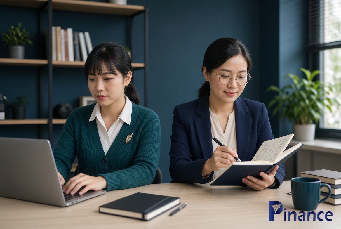 Anh Kế và Thi Thuế đối chiếu chiết khấu trên hóa đơn, logo Pinance official