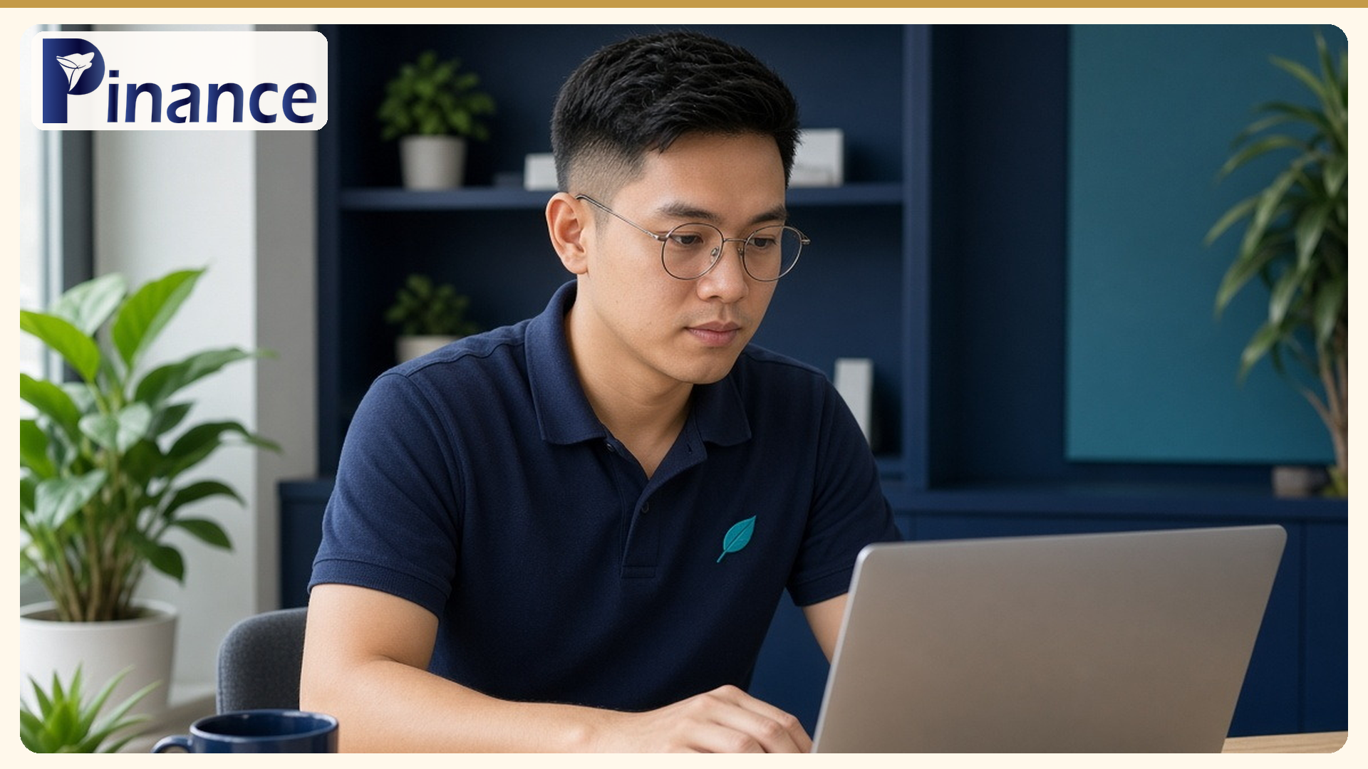 Chủ hộ kinh doanh đeo kính, mặc áo thun xanh đen, tập trung làm việc trên máy tính xách tay bên chậu cây xanh, minh họa bài hộ kinh doanh đăng ký hóa đơn điện tử giữa năm