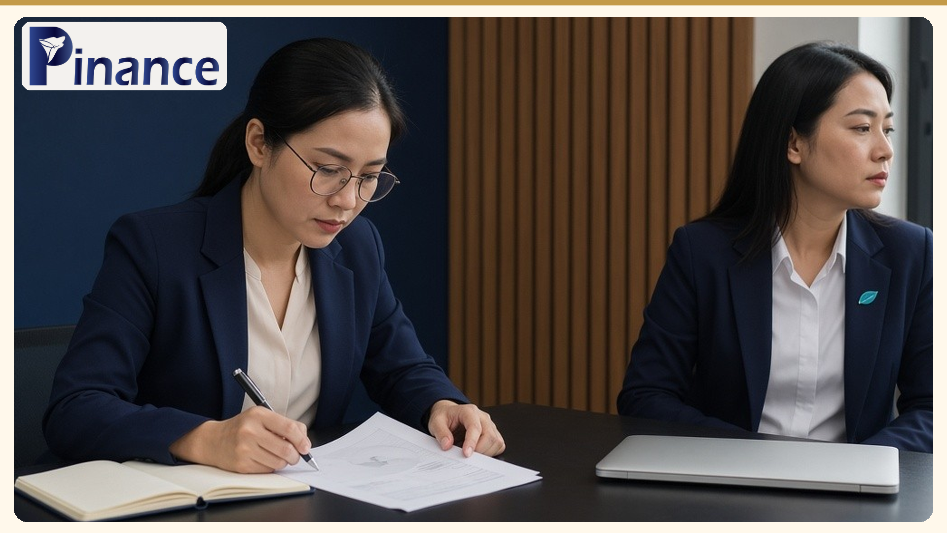 Hai nữ nhân viên văn phòng mặc vest xanh đen ngồi bên bàn, một người đeo kính đang rà soát giấy tờ, phía sau là vách gỗ, minh họa bài hóa đơn đầu vào khi bên bán bỏ địa chỉ kinh doanh