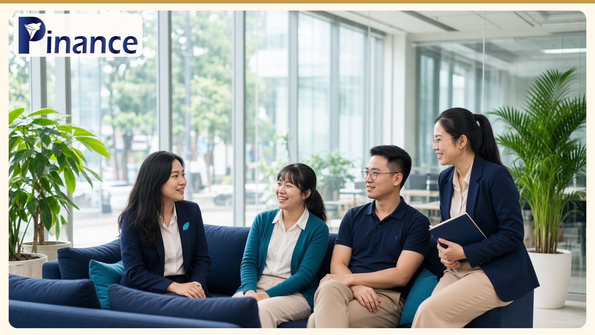 Nhóm người lao động trò chuyện tại sảnh văn phòng, minh họa bài khám sức khỏe định kỳ cho người lao động