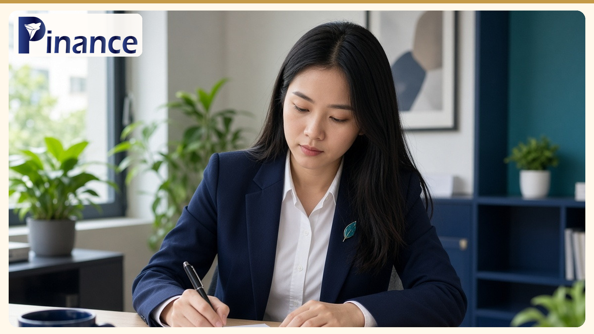 Nữ nhân viên văn phòng mặc vest xanh đen bình tĩnh ghi chép trên giấy, bên cạnh có cốc và chậu cây xanh, minh họa bài bị truy thu sau thanh tra thuế: khiếu nại hay khởi kiện