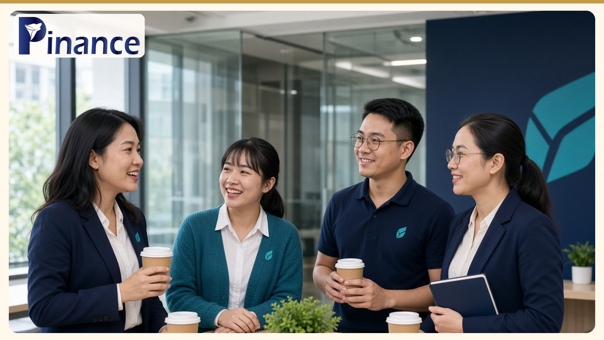 Bốn nhân viên văn phòng đứng trò chuyện bên cốc cà phê, minh họa bài tiền người nhà chuyển, tiền vay vào tài khoản hộ kinh doanh có bị tính doanh thu