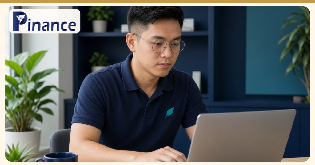 Chủ hộ kinh doanh đeo kính tập trung làm việc trên máy tính xách tay, minh họa bài kỳ khai và lập hóa đơn khi hộ đăng ký hóa đơn điện tử giữa năm