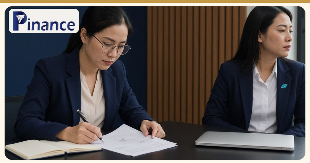 Hai nữ nhân viên văn phòng mặc vest xanh đen bên bàn làm việc, một người đeo kính rà soát giấy tờ, minh họa bài bên bán bỏ địa chỉ: hóa đơn đầu vào khi nào không hợp pháp