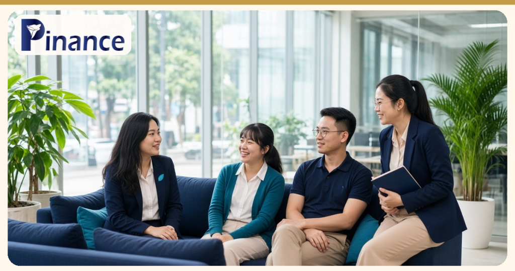 Nhóm người lao động trò chuyện tại sảnh văn phòng, minh họa bài khám sức khỏe định kỳ cho người lao động