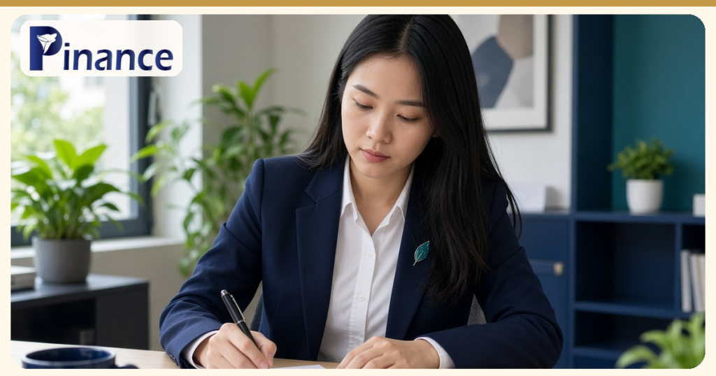Nữ nhân viên văn phòng mặc vest xanh đen bình tĩnh ghi chép bên bàn làm việc có cây xanh, minh họa bài chọn khiếu nại hay khởi kiện khi bị truy thu thuế sau thanh tra