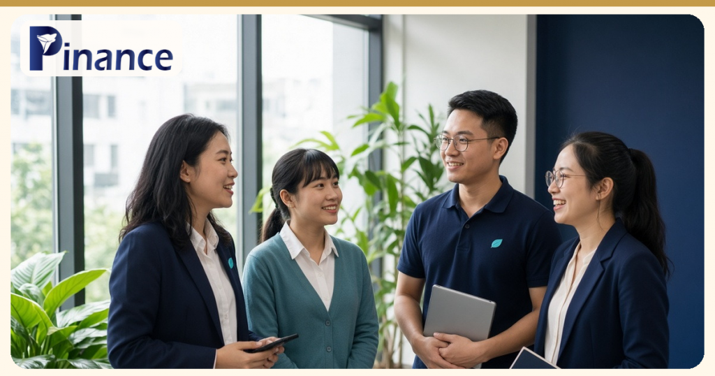 Bốn nhân viên văn phòng đứng trò chuyện cạnh cửa sổ có cây xanh, một người cầm máy tính bảng, góc ảnh có logo Pinance