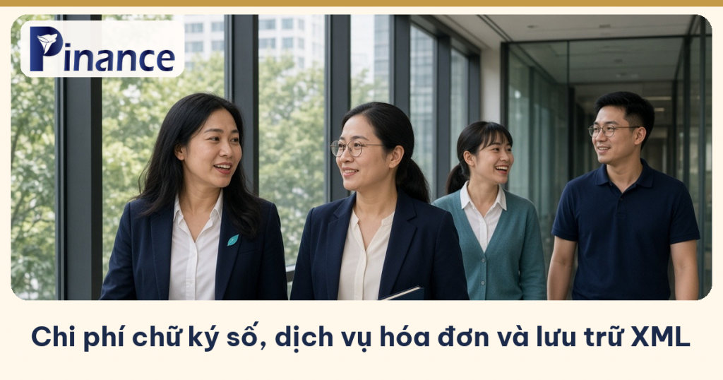 Bốn nhân viên văn phòng mỉm cười đi dọc hành lang vách kính, góc ảnh có logo Pinance, dưới ảnh có dòng chữ «Chi phí chữ ký số, dịch vụ hóa đơn và lưu trữ XML»