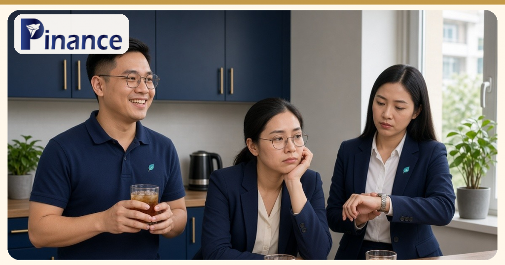 Ba nhân viên văn phòng trò chuyện bên quầy pha chế, một người đứng cầm cốc trà đá, hai người ngồi mỉm cười, góc ảnh có logo Pinance