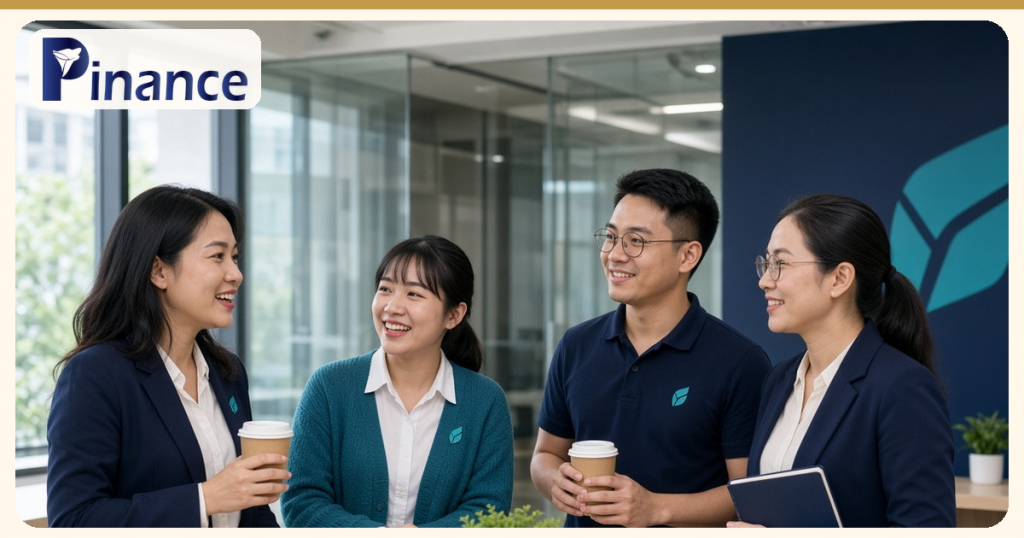 Bốn nhân viên văn phòng trò chuyện bên cốc cà phê, minh họa bài tiền vào tài khoản hộ kinh doanh có phải doanh thu
